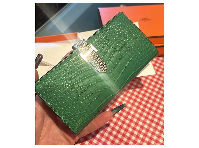 Hermès Bearn Soufflet Wallet in Exotic Leather Green - view 3