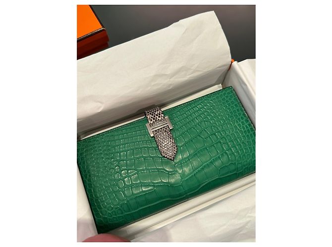 Hermès Bearn Soufflet Wallet in Exotic Leather Green - view 8