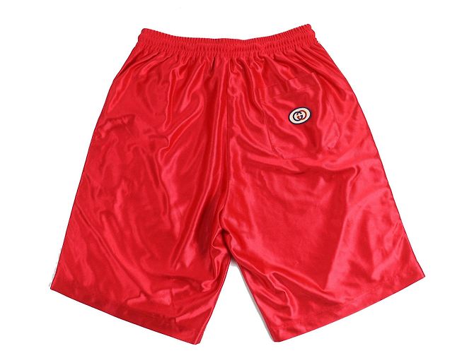 Bermuda de poliéster com patch logo Gucci e linha web Vermelho - vista 2
