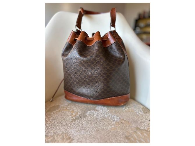 Borsa a secchiello Céline in tela Macadam e pelle marrone - vista 2