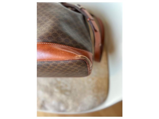 Borsa a secchiello Céline in tela Macadam e pelle marrone - vista 7