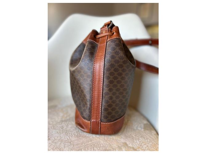 Borsa a secchiello Céline in tela Macadam e pelle marrone - vista 8