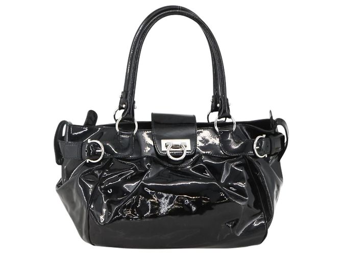 Borsa a mano Gancini in pelle verniciata nera e argento Auth BA11053 di Salvatore Ferragamo - vista 13