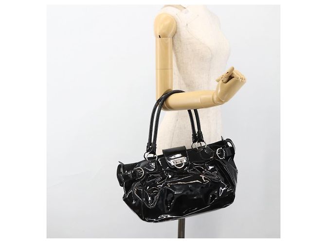 Borsa a mano Gancini in pelle verniciata nera e argento Auth BA11053 di Salvatore Ferragamo - vista 23