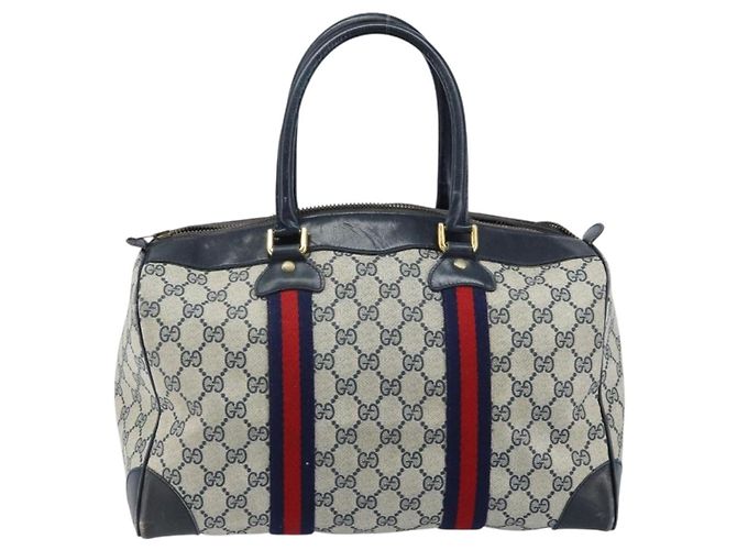 Borsa Boston in PVC GG Supreme Sherry Line di GUCCI, Blu Navy e Oro Auth LNZ314 D'oro - vista 13
