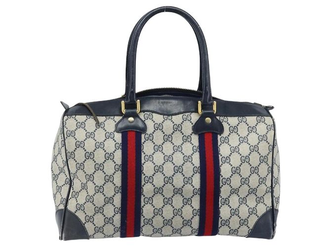 Borsa Boston in PVC GG Supreme Sherry Line di GUCCI, Blu Navy e Oro Auth LNZ314 D'oro - vista 2