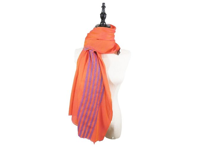 Plume Stola in cashmere e seta Hermès in blu e arancione - vista 5