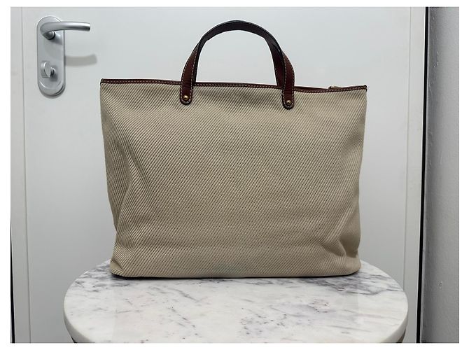 Borsa tote Chloé in tela beige e pelle marrone - vista 11