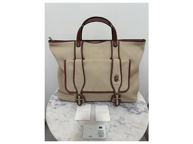 Borsa tote Chloé in tela beige e pelle marrone - vista 3