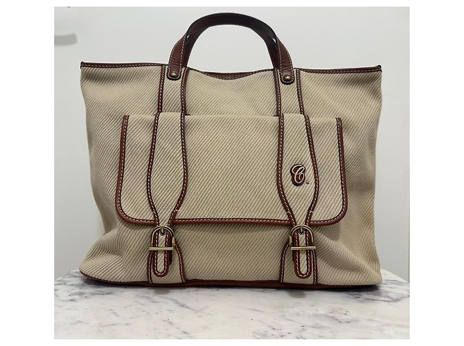 Borsa tote Chloé in tela beige e pelle marrone - vista 4