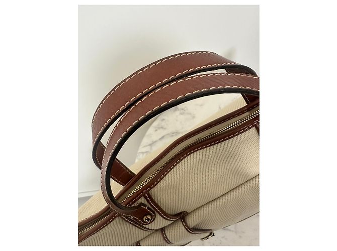 Borsa tote Chloé in tela beige e pelle marrone - vista 7
