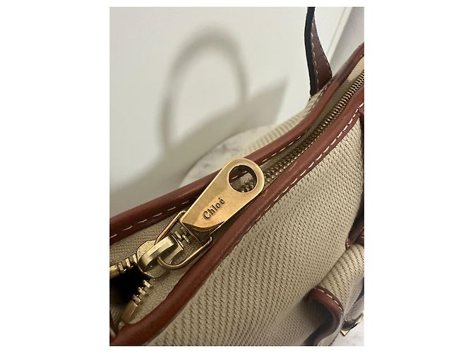 Borsa tote Chloé in tela beige e pelle marrone - vista 8
