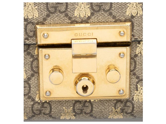 Borsa a Spalla Piccola Gucci GG Supreme Bee Padlock Marrone Beige - vista 9