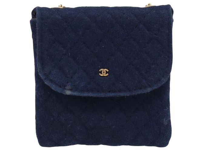 Pochette a Catena CHANEL Cotone Blu Navy Oro CC Auth bs33731 D'oro - vista 2
