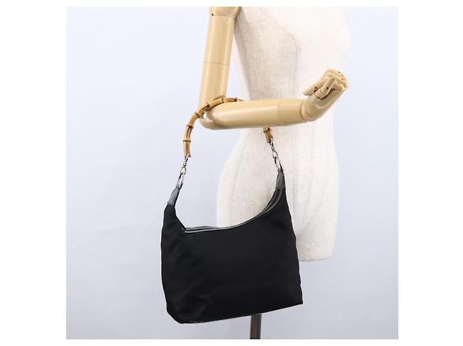 Borsa a mano in nylon nero e argento Gucci Bamboo Auth hk3536 - vista 22