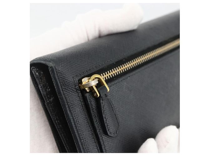 Saffiano PRADA Cartera Larga de cuero Safiano Negro Oro Auth bs33777 Dorado - vista 12