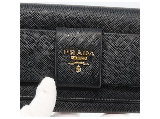 Saffiano PRADA Cartera Larga de cuero Safiano Negro Oro Auth bs33777 Dorado - vista 13
