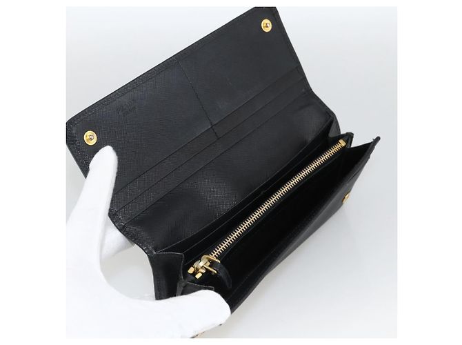 Saffiano PRADA Cartera Larga de cuero Safiano Negro Oro Auth bs33777 Dorado - vista 14