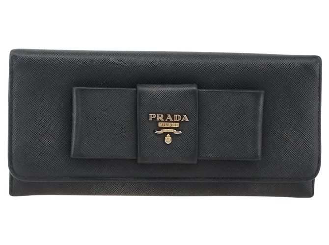 Saffiano PRADA Cartera Larga de cuero Safiano Negro Oro Auth bs33777 Dorado - vista 2