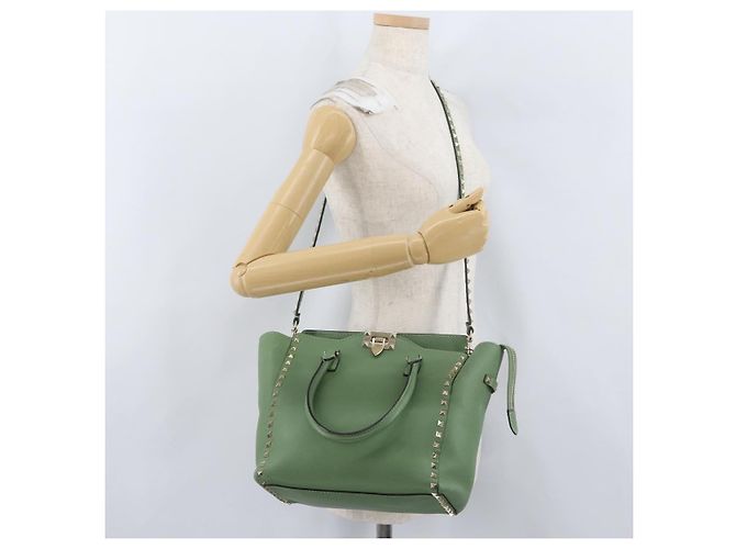 VALENTINO Borsa Rock Studs in pelle 2 in 1 verde oro Auth BA11265 D'oro - vista 27