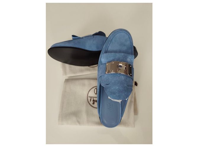 Mule in suede blu cielo di Hermès - vista 12