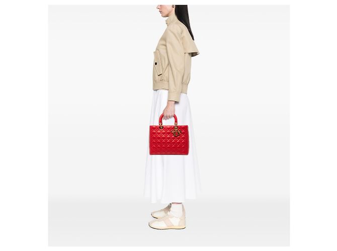 Dior Rosso Grande Borsa in Pelle di Agnello Cannage Lady Dior - vista 7
