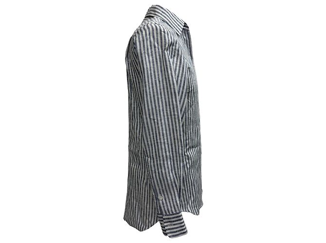 Camicia a righe con bottoni Loro Piana in lino blu navy - vista 2