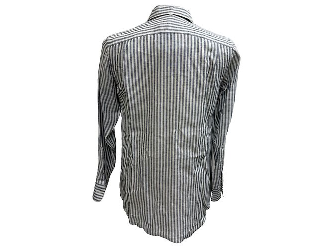 Camicia a righe con bottoni Loro Piana in lino blu navy - vista 3