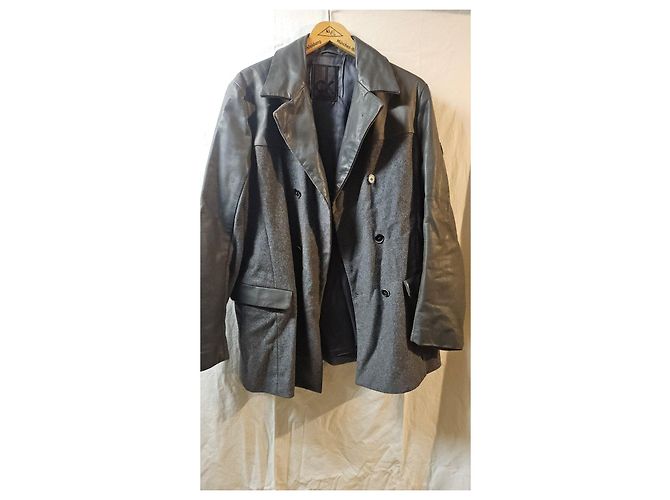 Calvin Klein Wool Coat with Leather Trim Black Grey - view 2