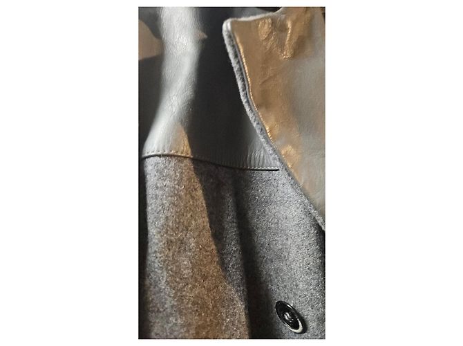 Calvin Klein Wool Coat with Leather Trim Black Grey - view 4