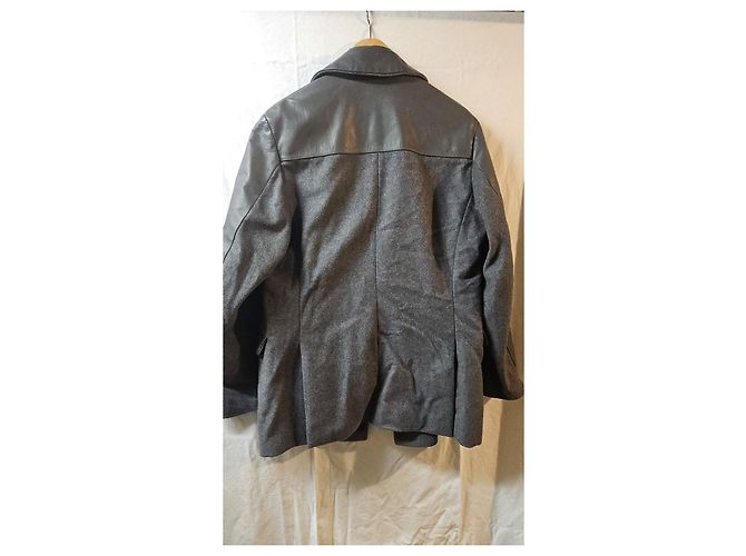 Calvin Klein Wool Coat with Leather Trim Black Grey - view 7