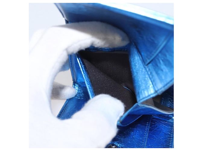 CHANEL Portafoglio Compatto in Pelle Blu Argento CC Auth 172453 - vista 19