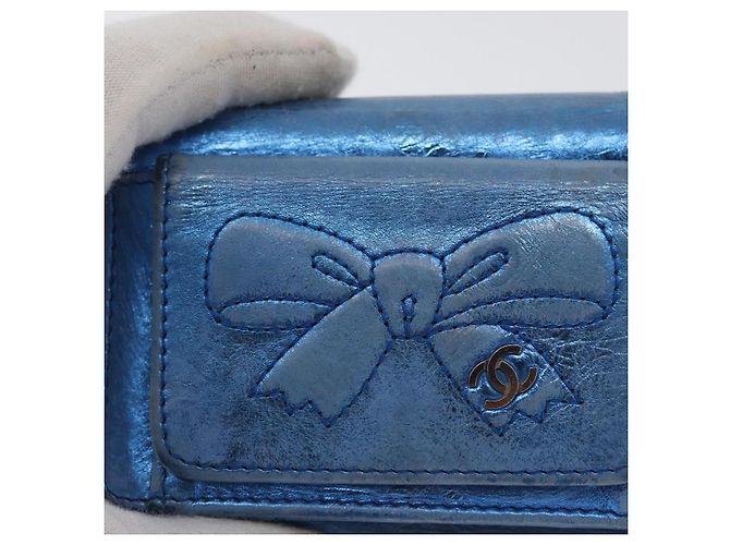 CHANEL Portafoglio Compatto in Pelle Blu Argento CC Auth 172453 - vista 8