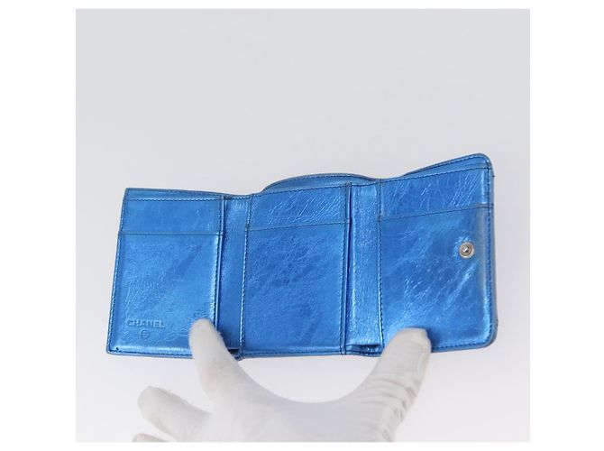 CHANEL Portafoglio Compatto in Pelle Blu Argento CC Auth 172453 - vista 9