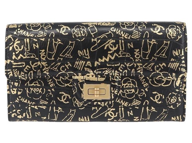 CHANEL 2.55 Cartera Larga Croco Grabada Negra Dorada CC Auth 172450SAV Negro Dorado - vista 13