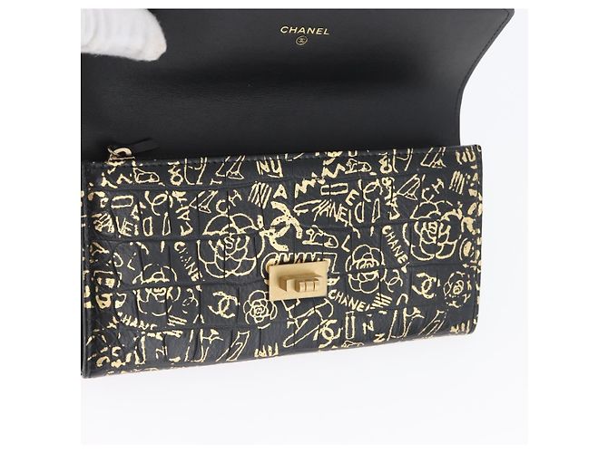 CHANEL 2.55 Cartera Larga Croco Grabada Negra Dorada CC Auth 172450SAV Negro Dorado - vista 20
