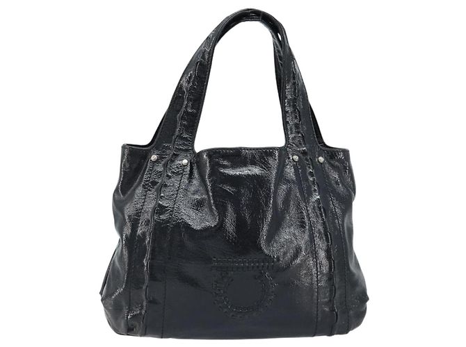 Borsa a mano Gancini in pelle nera e argento di Salvatore Ferragamo Auth BA10955 Nero - vista 13