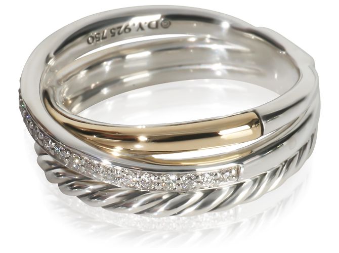 David Yurman Yellow Gold & Sterling Silver Diamond Crossover Ring - view 3
