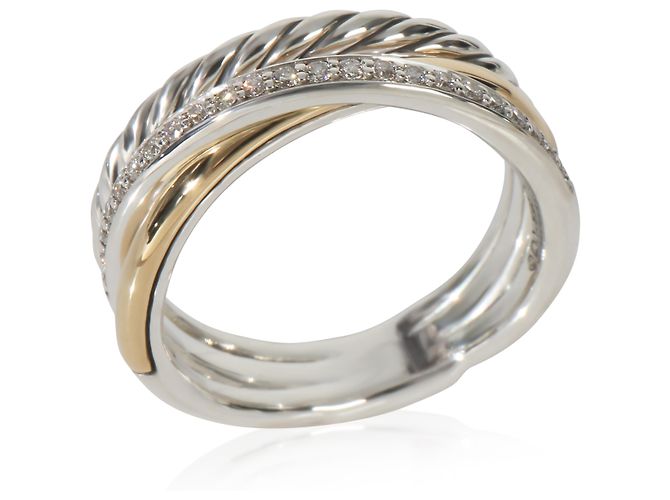 David Yurman Yellow Gold & Sterling Silver Diamond Crossover Ring - view 5