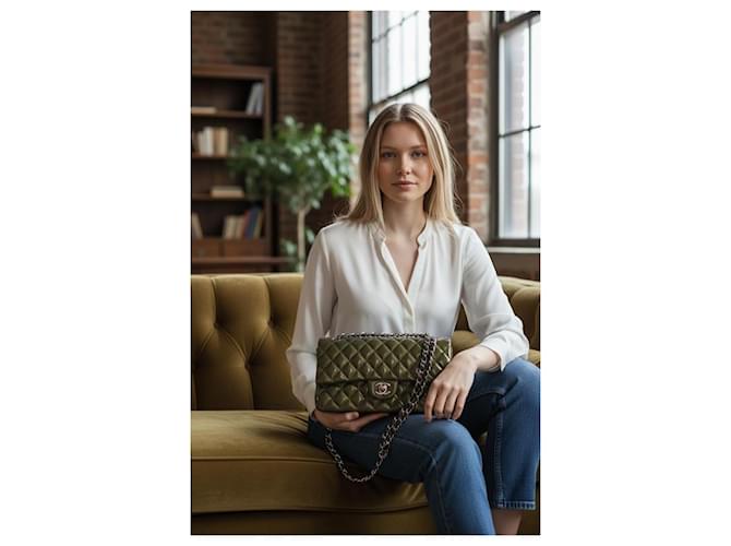 Timeless Chanel Medium Double Flap Tasche aus grünem gestreiftem Lackleder, zeitloser Klassiker mit silberner Hardware Khaki Anthrazitgrau Dunkelgrün - Ansicht 3