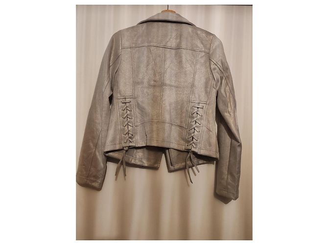 Autre Marque Freda Silver Metallic Biker Jacket Silvery - view 11
