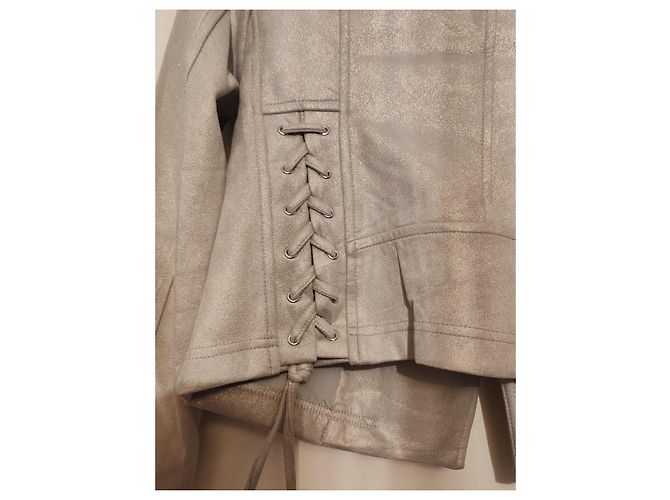 Autre Marque Freda Silver Metallic Biker Jacket Silvery - view 12