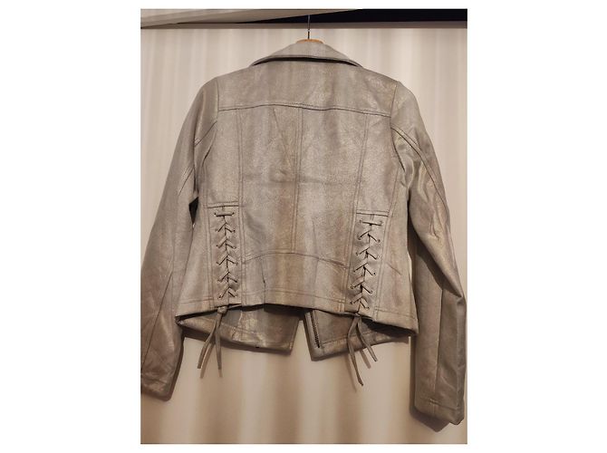 Autre Marque Freda Silver Metallic Biker Jacket Silvery - view 14