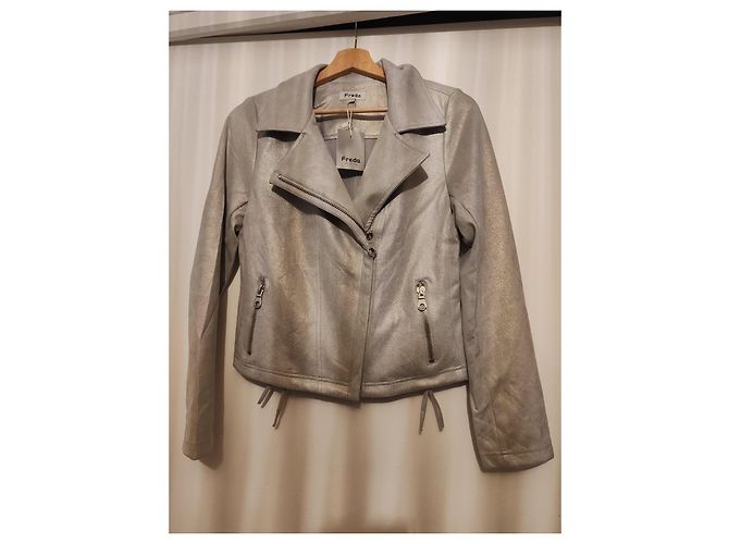 Autre Marque Freda Silver Metallic Biker Jacket Silvery - view 2