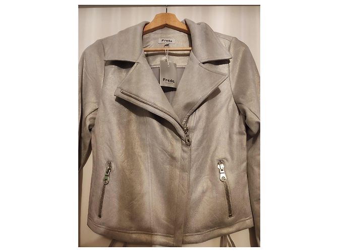 Autre Marque Freda Silver Metallic Biker Jacket Silvery - view 3
