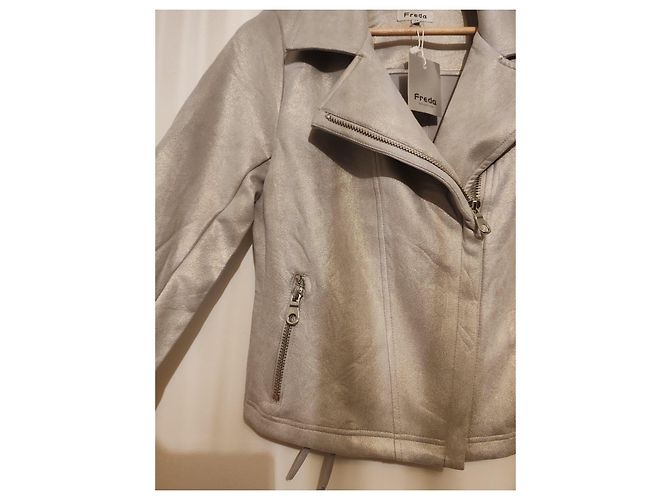 Autre Marque Freda Silver Metallic Biker Jacket Silvery - view 4