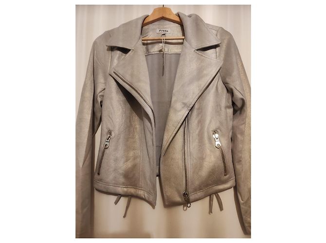 Autre Marque Freda Silver Metallic Biker Jacket Silvery - view 5