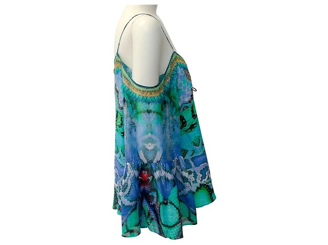 Camilla Top in seta blu / turchese con spalle scese e cristalli - vista 2