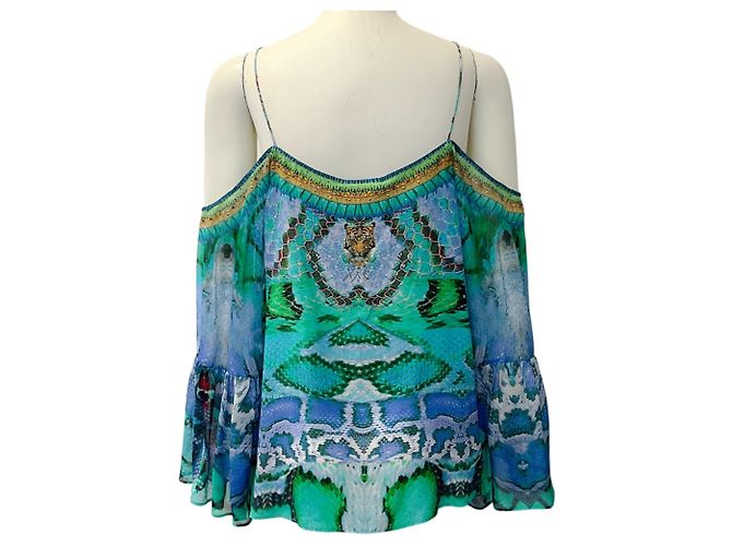 Camilla Top in seta blu / turchese con spalle scese e cristalli - vista 3