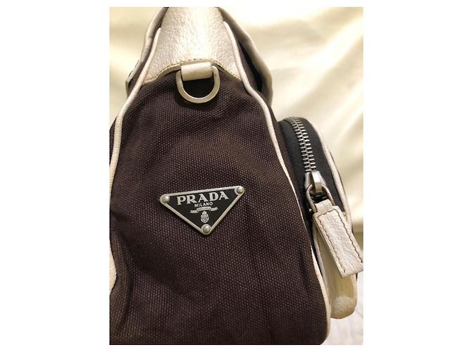 Borsa a spalla in tela e pelle marrone Prada - vista 3
